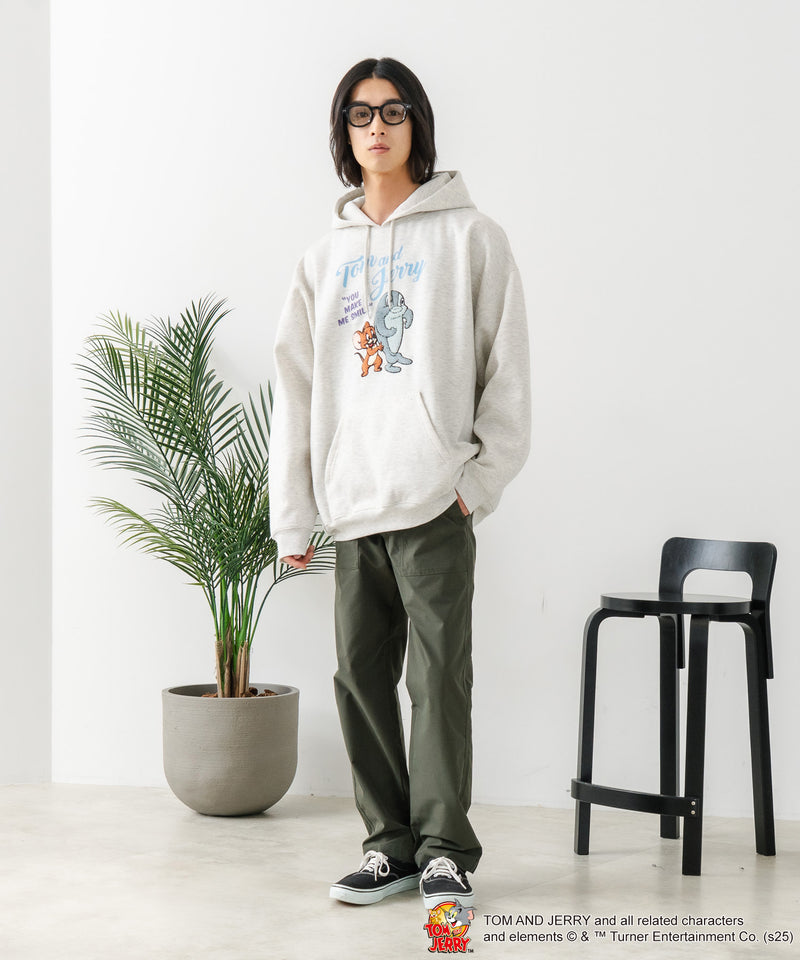 【TOM and JERRY/トムとジェリー】オリジナルデザイン 刺繍 プルオーバーパーカー フーディー ジェリー タフィー サカナ ドロップショルダー ビッグシルエット