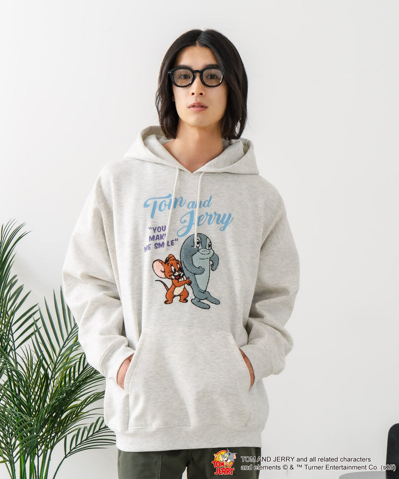 【TOM and JERRY/トムとジェリー】オリジナルデザイン 刺繍 プルオーバーパーカー フーディー ジェリー タフィー サカナ ドロップショルダー ビッグシルエット