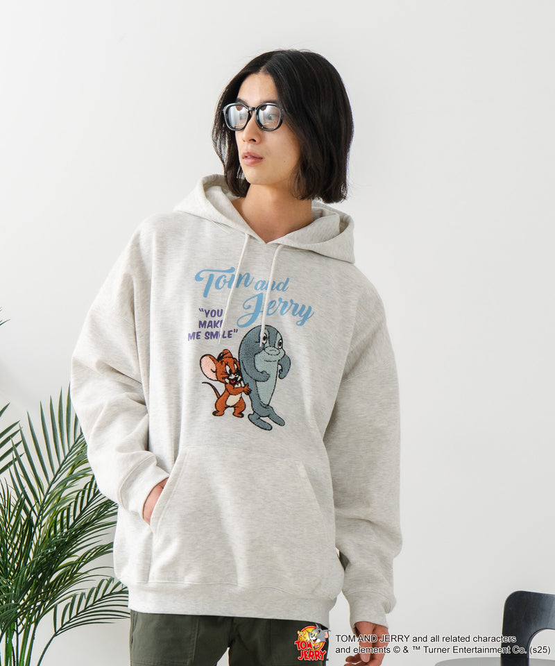【TOM and JERRY/トムとジェリー】オリジナルデザイン 刺繍 プルオーバーパーカー フーディー ジェリー タフィー サカナ ドロップショルダー ビッグシルエット