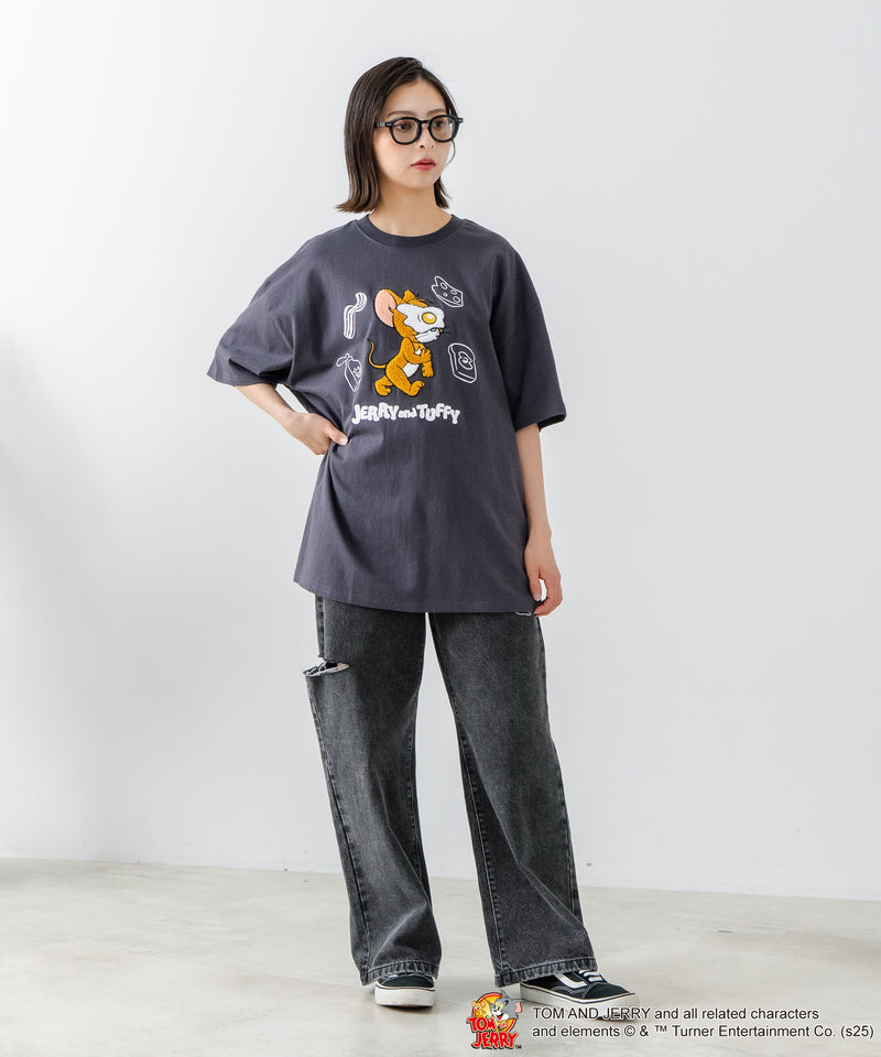 新柄追加！！【TOM AND JERRY/トムとジェリー】オリジナルデザイン 刺繍 Tシャツ ジェリー タフィー ドロップショルダー ビッグシルエット ユニセックス キャラクター