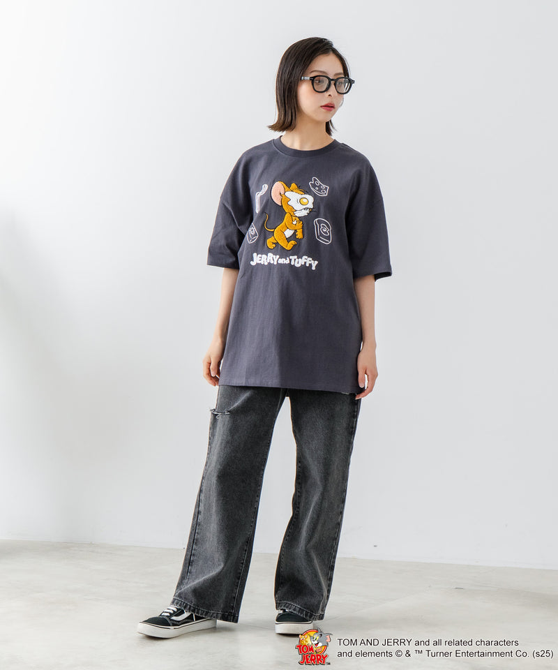 新柄追加！！【TOM AND JERRY/トムとジェリー】オリジナルデザイン 刺繍 Tシャツ ジェリー タフィー ドロップショルダー ビッグシルエット ユニセックス キャラクター