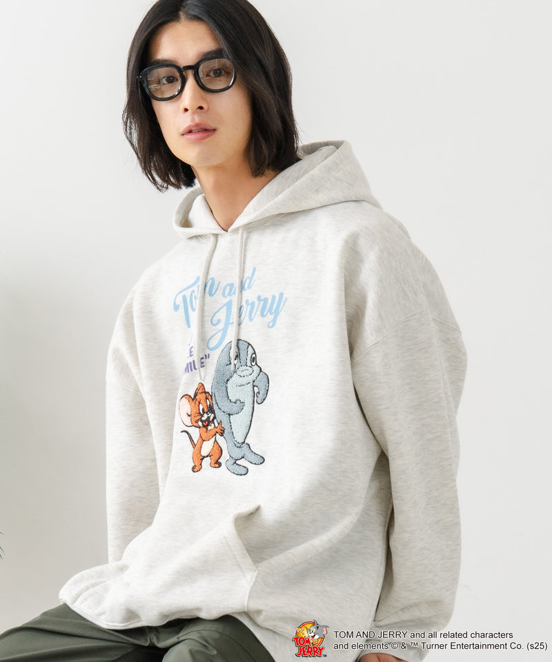 【TOM and JERRY/トムとジェリー】オリジナルデザイン 刺繍 プルオーバーパーカー フーディー ジェリー タフィー サカナ ドロップショルダー ビッグシルエット