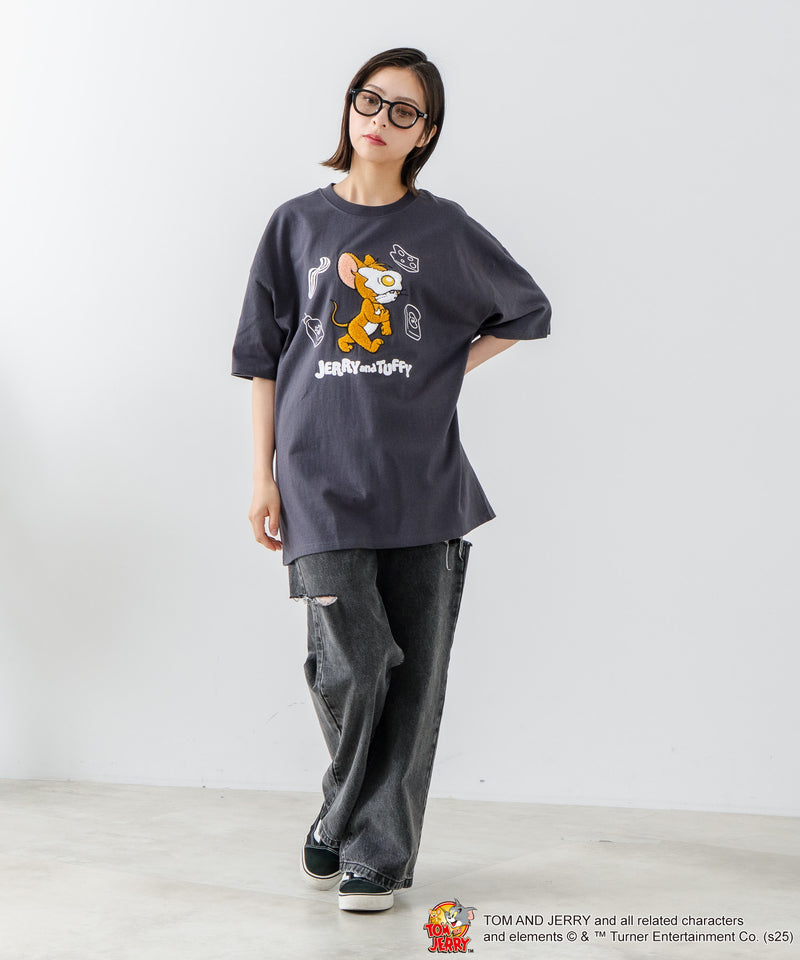 新柄追加！！【TOM AND JERRY/トムとジェリー】オリジナルデザイン 刺繍 Tシャツ ジェリー タフィー ドロップショルダー ビッグシルエット ユニセックス キャラクター