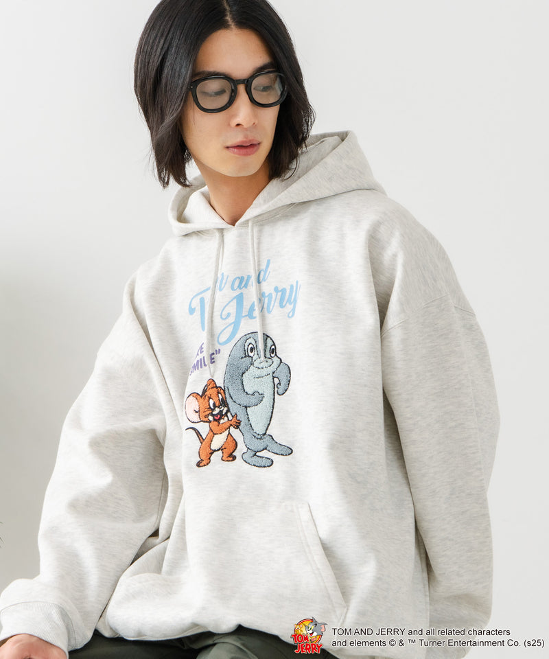 【TOM and JERRY/トムとジェリー】オリジナルデザイン 刺繍 プルオーバーパーカー フーディー ジェリー タフィー サカナ ドロップショルダー ビッグシルエット