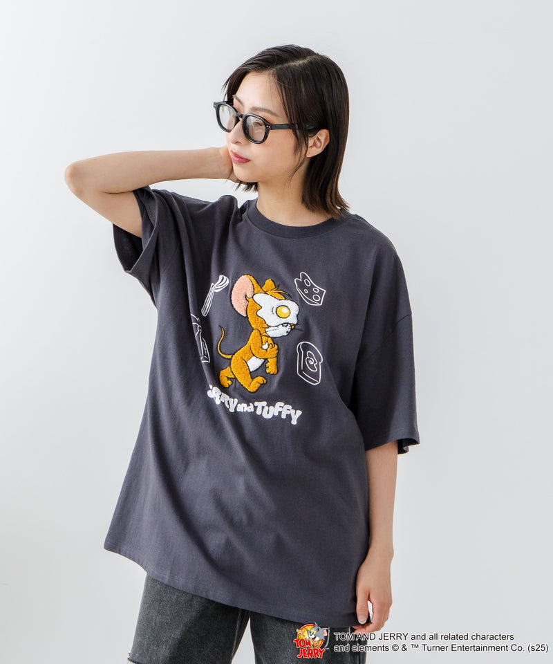 新柄追加！！【TOM AND JERRY/トムとジェリー】オリジナルデザイン 刺繍 Tシャツ ジェリー タフィー ドロップショルダー ビッグシルエット ユニセックス キャラクター