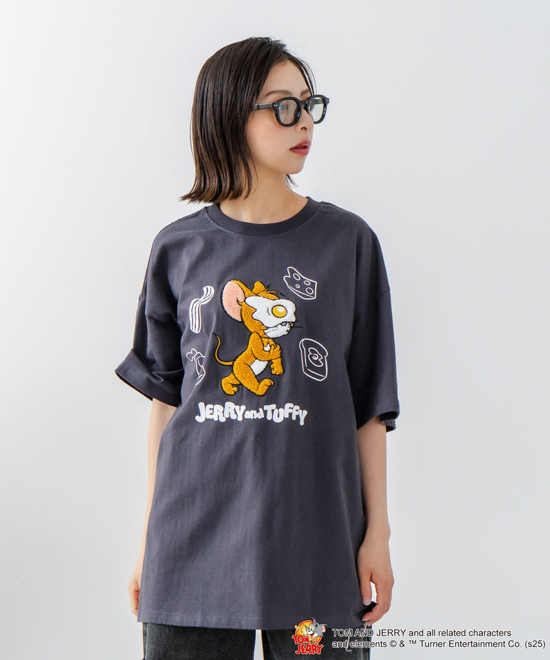 新柄追加！！【TOM AND JERRY/トムとジェリー】オリジナルデザイン 刺繍 Tシャツ ジェリー タフィー ドロップショルダー ビッグシルエット ユニセックス キャラクター