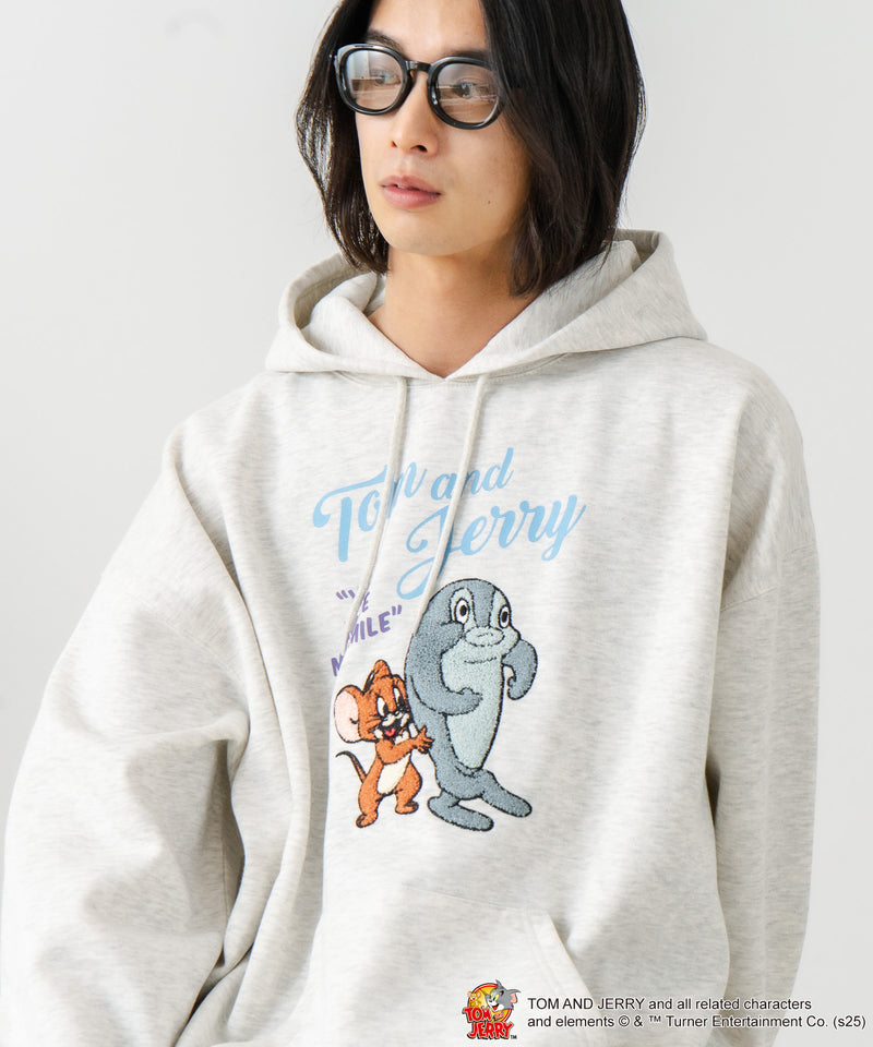 【TOM and JERRY/トムとジェリー】オリジナルデザイン 刺繍 プルオーバーパーカー フーディー ジェリー タフィー サカナ ドロップショルダー ビッグシルエット