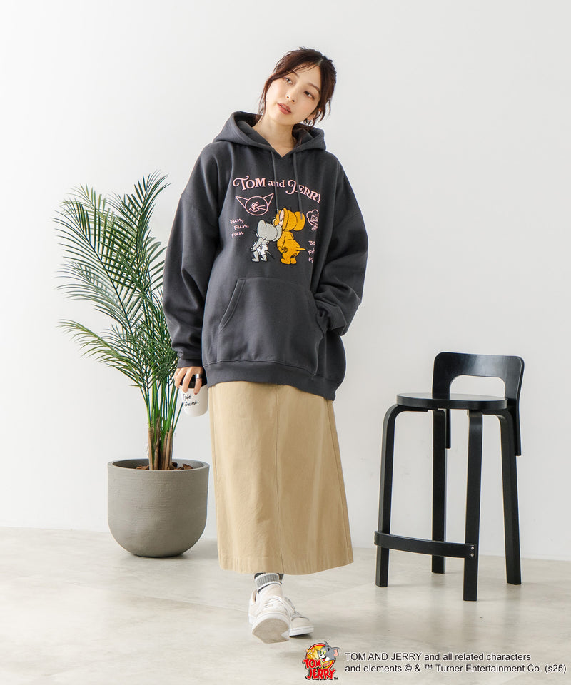 【TOM and JERRY/トムとジェリー】オリジナルデザイン 刺繍 プルオーバーパーカー フーディー ジェリー タフィー サカナ ドロップショルダー ビッグシルエット