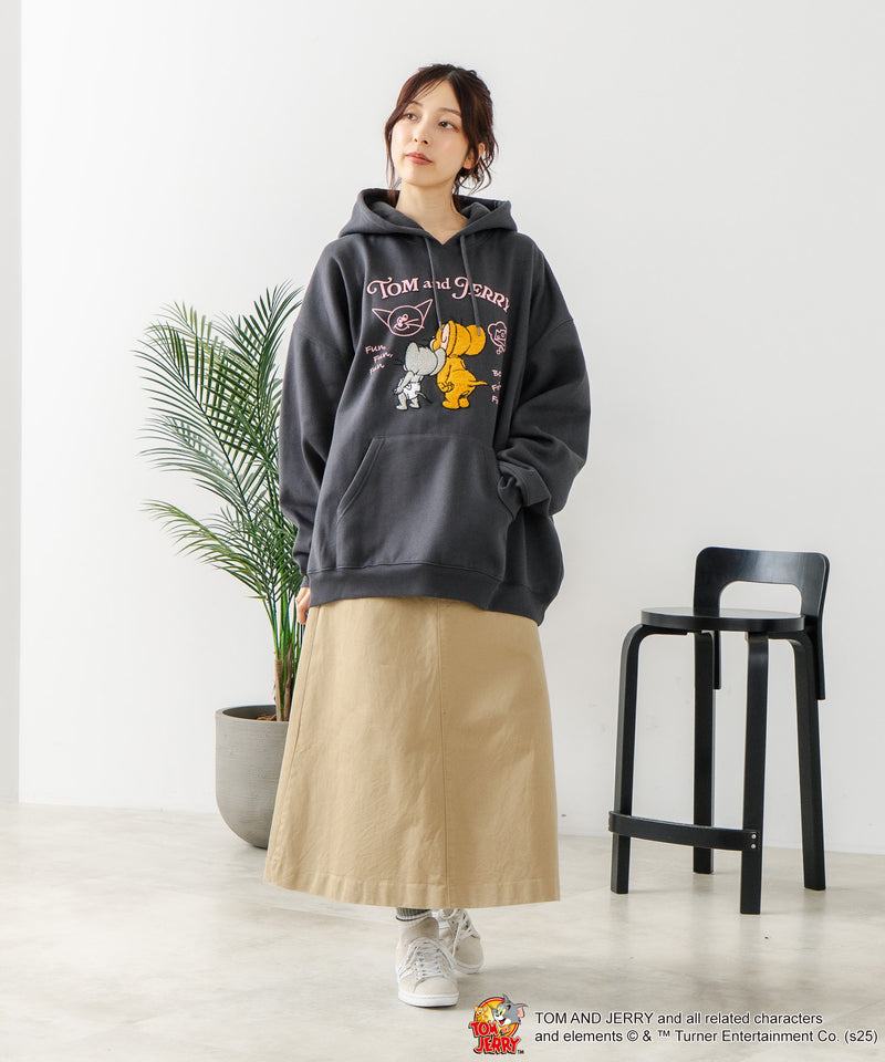 【TOM and JERRY/トムとジェリー】オリジナルデザイン 刺繍 プルオーバーパーカー フーディー ジェリー タフィー サカナ ドロップショルダー ビッグシルエット