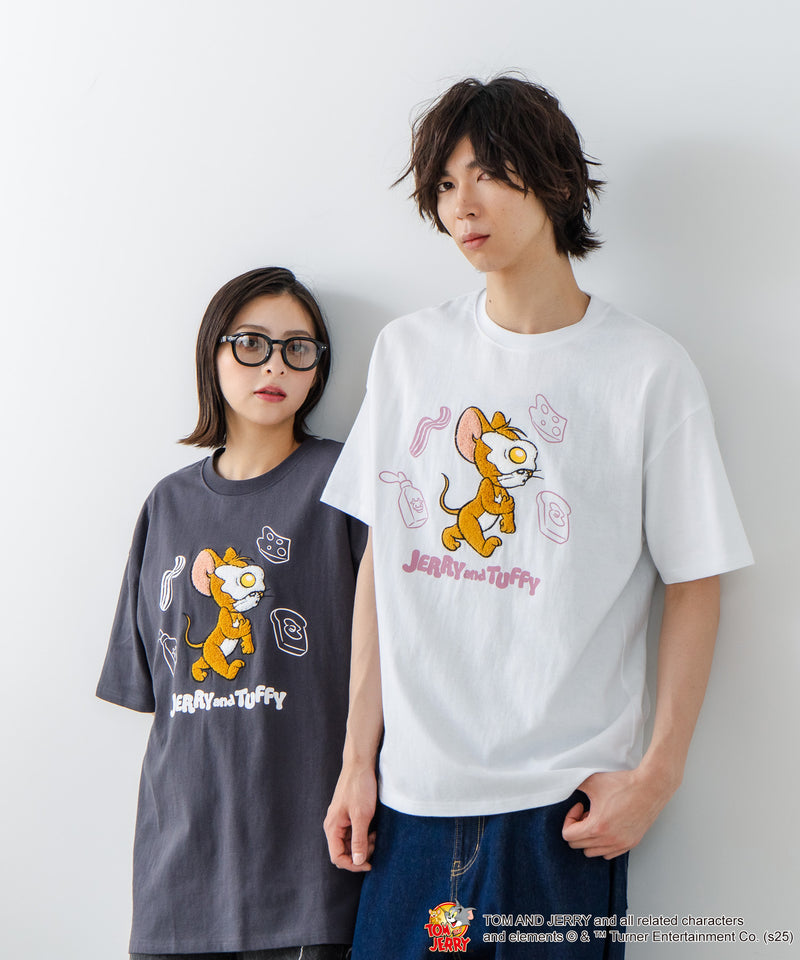 新柄追加！！【TOM AND JERRY/トムとジェリー】オリジナルデザイン 刺繍 Tシャツ ジェリー タフィー ドロップショルダー ビッグシルエット ユニセックス キャラクター