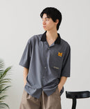 【BLUE STANDARD/ブルースタンダード】【吸水速乾＆UVカット】襟配色 胸刺繍シャツ オープンカラー ストレッチ 胸ポケットアニマル刺繍 ペンギン トラ ネコ
