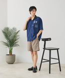 【BLUE STANDARD/ブルースタンダード】【吸水速乾＆UVカット】襟配色 胸刺繍シャツ オープンカラー ストレッチ 胸ポケットアニマル刺繍 ペンギン トラ ネコ