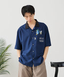 【BLUE STANDARD/ブルースタンダード】【吸水速乾＆UVカット】襟配色 胸刺繍シャツ オープンカラー ストレッチ 胸ポケットアニマル刺繍 ペンギン トラ ネコ