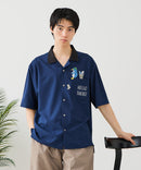 【BLUE STANDARD/ブルースタンダード】【吸水速乾＆UVカット】襟配色 胸刺繍シャツ オープンカラー ストレッチ 胸ポケットアニマル刺繍 ペンギン トラ ネコ
