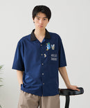 【BLUE STANDARD/ブルースタンダード】【吸水速乾＆UVカット】襟配色 胸刺繍シャツ オープンカラー ストレッチ 胸ポケットアニマル刺繍 ペンギン トラ ネコ