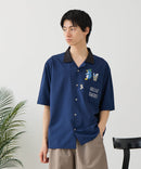 【BLUE STANDARD/ブルースタンダード】【吸水速乾＆UVカット】襟配色 胸刺繍シャツ オープンカラー ストレッチ 胸ポケットアニマル刺繍 ペンギン トラ ネコ