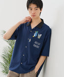 【BLUE STANDARD/ブルースタンダード】【吸水速乾＆UVカット】襟配色 胸刺繍シャツ オープンカラー ストレッチ 胸ポケットアニマル刺繍 ペンギン トラ ネコ