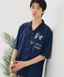 【BLUE STANDARD/ブルースタンダード】【吸水速乾＆UVカット】襟配色 胸刺繍シャツ オープンカラー ストレッチ 胸ポケットアニマル刺繍 ペンギン トラ ネコ