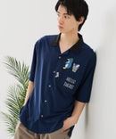 【BLUE STANDARD/ブルースタンダード】【吸水速乾＆UVカット】襟配色 胸刺繍シャツ オープンカラー ストレッチ 胸ポケットアニマル刺繍 ペンギン トラ ネコ