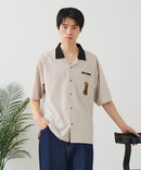 【BLUE STANDARD/ブルースタンダード】【吸水速乾＆UVカット】襟配色 胸刺繍シャツ オープンカラー ストレッチ 胸ポケットアニマル刺繍 ペンギン トラ ネコ