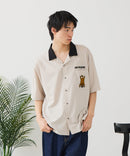 【BLUE STANDARD/ブルースタンダード】【吸水速乾＆UVカット】襟配色 胸刺繍シャツ オープンカラー ストレッチ 胸ポケットアニマル刺繍 ペンギン トラ ネコ