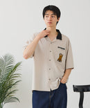 【BLUE STANDARD/ブルースタンダード】【吸水速乾＆UVカット】襟配色 胸刺繍シャツ オープンカラー ストレッチ 胸ポケットアニマル刺繍 ペンギン トラ ネコ