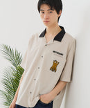 【BLUE STANDARD/ブルースタンダード】【吸水速乾＆UVカット】襟配色 胸刺繍シャツ オープンカラー ストレッチ 胸ポケットアニマル刺繍 ペンギン トラ ネコ