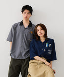 【BLUE STANDARD/ブルースタンダード】【吸水速乾＆UVカット】襟配色 胸刺繍シャツ オープンカラー ストレッチ 胸ポケットアニマル刺繍 ペンギン トラ ネコ