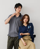 【BLUE STANDARD/ブルースタンダード】【吸水速乾＆UVカット】襟配色 胸刺繍シャツ オープンカラー ストレッチ 胸ポケットアニマル刺繍 ペンギン トラ ネコ