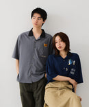 【BLUE STANDARD/ブルースタンダード】【吸水速乾＆UVカット】襟配色 胸刺繍シャツ オープンカラー ストレッチ 胸ポケットアニマル刺繍 ペンギン トラ ネコ