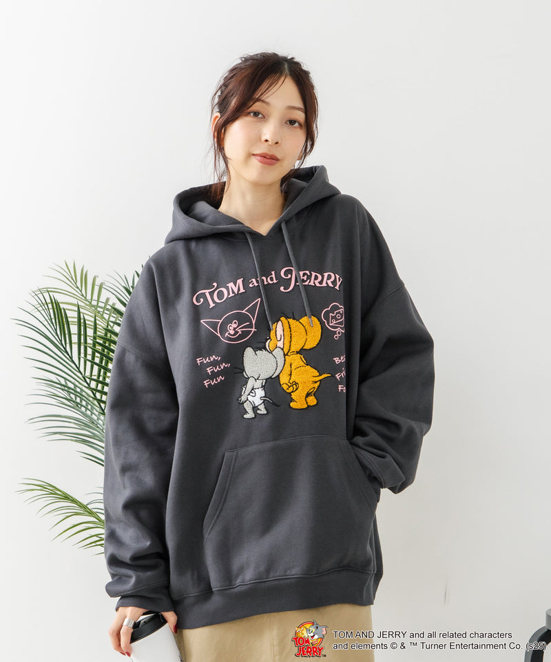 【TOM and JERRY/トムとジェリー】オリジナルデザイン 刺繍 プルオーバーパーカー フーディー ジェリー タフィー サカナ ドロップショルダー ビッグシルエット