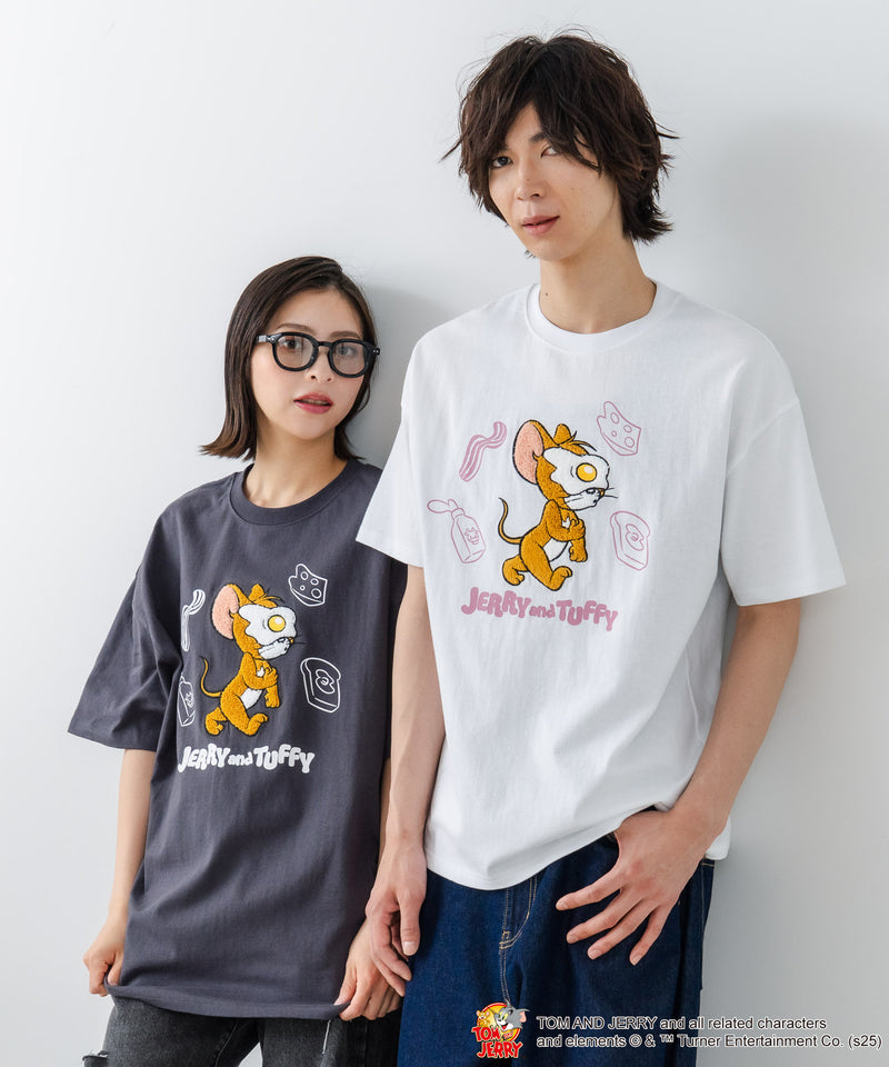 新柄追加！！【TOM AND JERRY/トムとジェリー】オリジナルデザイン 刺繍 Tシャツ ジェリー タフィー ドロップショルダー ビッグシルエット ユニセックス キャラクター