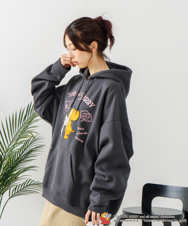【TOM and JERRY/トムとジェリー】オリジナルデザイン 刺繍 プルオーバーパーカー フーディー ジェリー タフィー サカナ ドロップショルダー ビッグシルエット