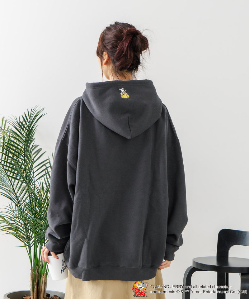 【TOM and JERRY/トムとジェリー】オリジナルデザイン 刺繍 プルオーバーパーカー フーディー ジェリー タフィー サカナ ドロップショルダー ビッグシルエット