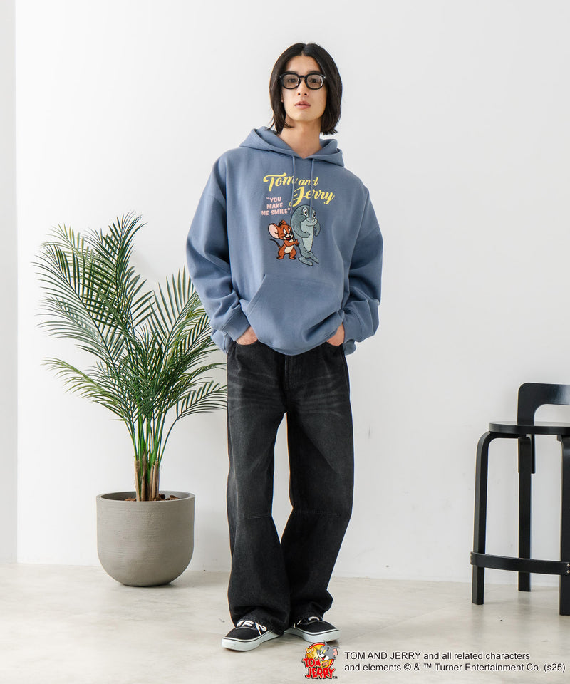 【TOM and JERRY/トムとジェリー】オリジナルデザイン 刺繍 プルオーバーパーカー フーディー ジェリー タフィー サカナ ドロップショルダー ビッグシルエット