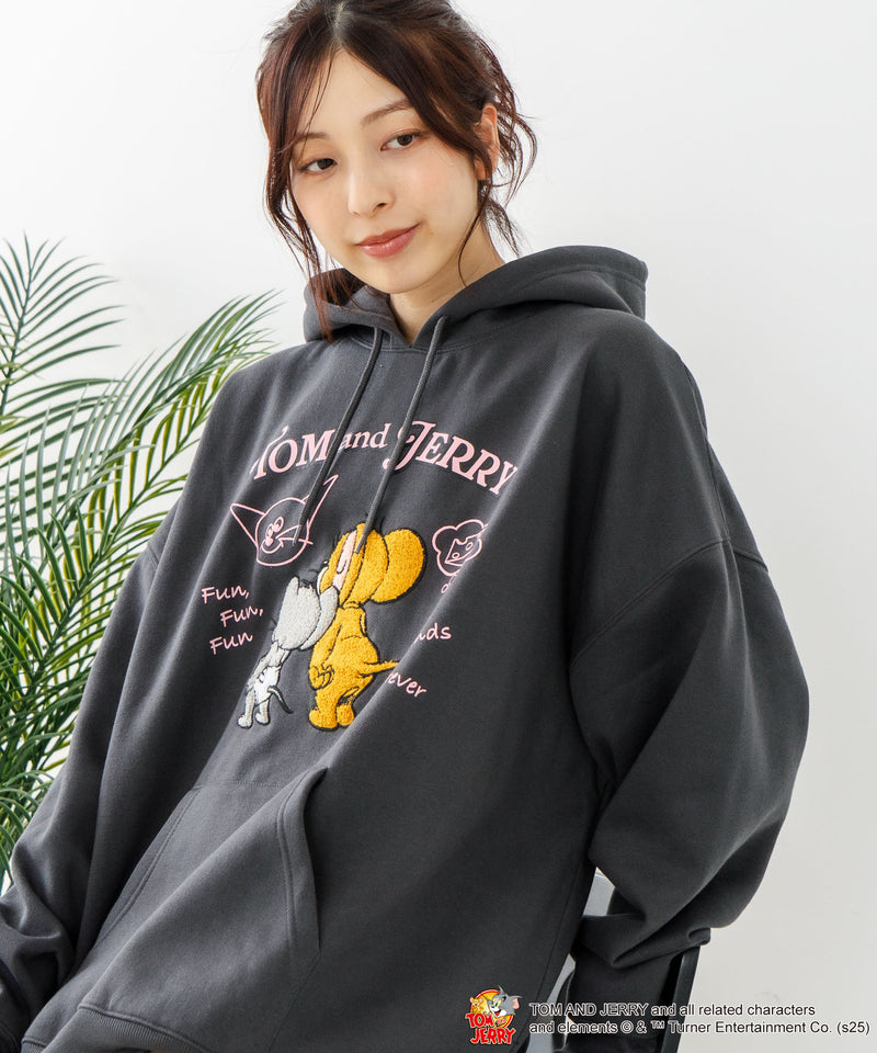 【TOM and JERRY/トムとジェリー】オリジナルデザイン 刺繍 プルオーバーパーカー フーディー ジェリー タフィー サカナ ドロップショルダー ビッグシルエット