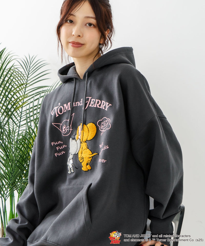 【TOM and JERRY/トムとジェリー】オリジナルデザイン 刺繍 プルオーバーパーカー フーディー ジェリー タフィー サカナ ドロップショルダー ビッグシルエット
