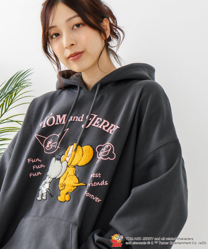 【TOM and JERRY/トムとジェリー】オリジナルデザイン 刺繍 プルオーバーパーカー フーディー ジェリー タフィー サカナ ドロップショルダー ビッグシルエット