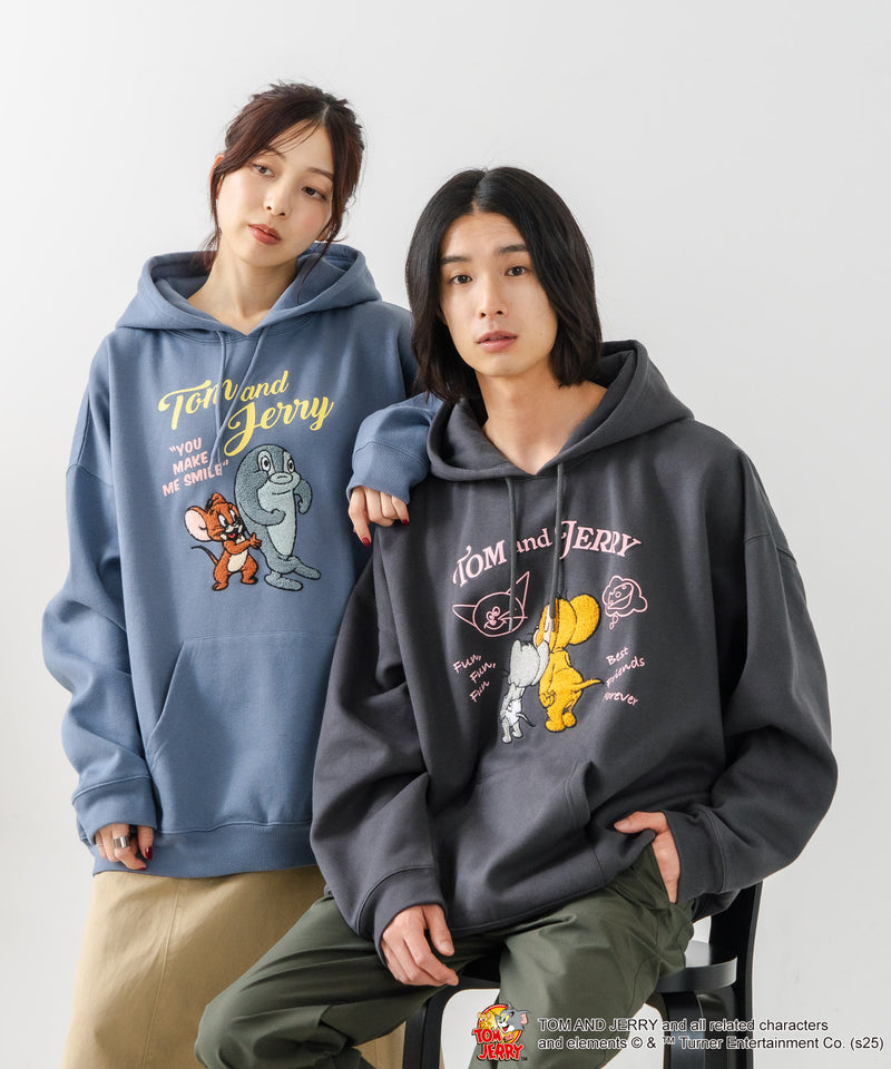 【TOM and JERRY/トムとジェリー】オリジナルデザイン 刺繍 プルオーバーパーカー フーディー ジェリー タフィー サカナ ドロップショルダー ビッグシルエット