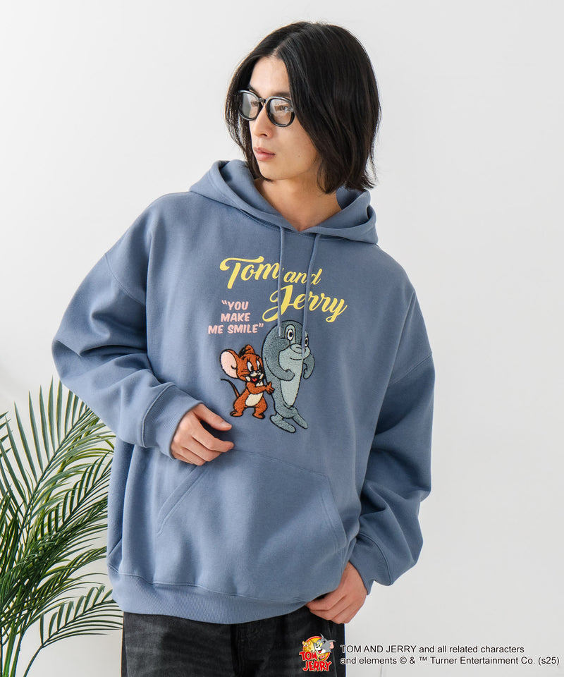 【TOM and JERRY/トムとジェリー】オリジナルデザイン 刺繍 プルオーバーパーカー フーディー ジェリー タフィー サカナ ドロップショルダー ビッグシルエット