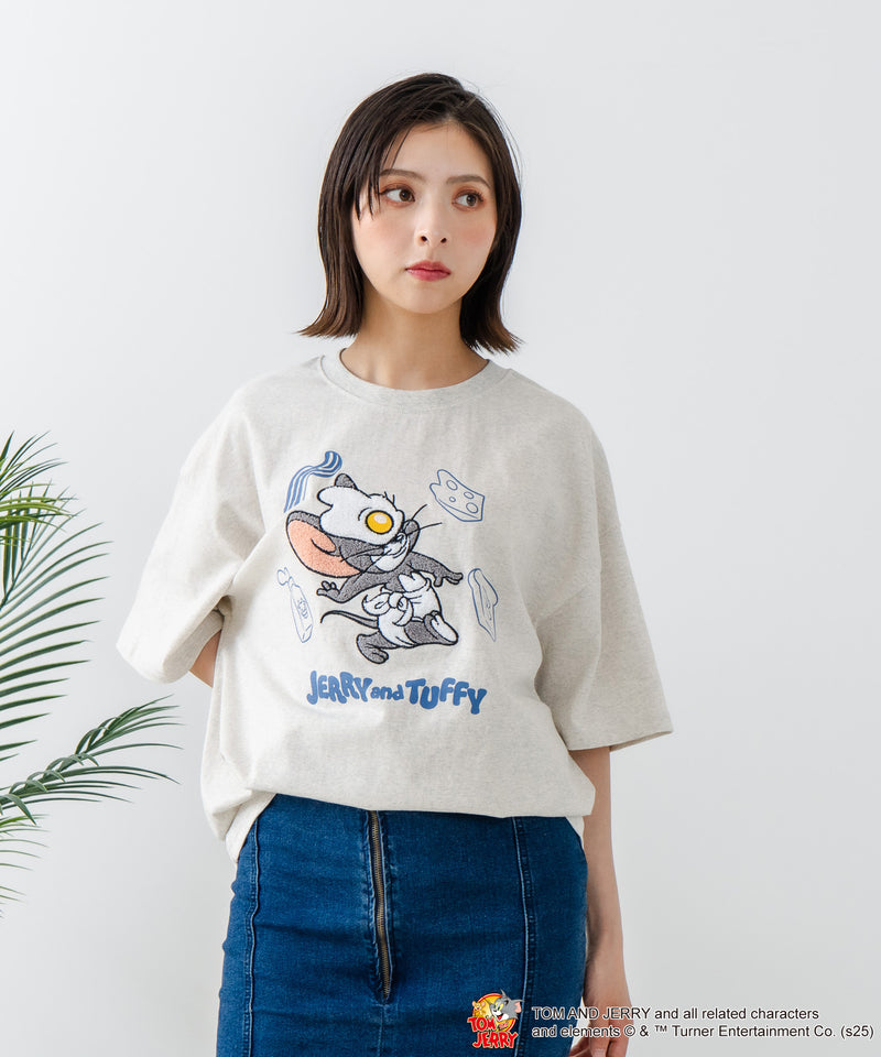 新柄追加！！【TOM AND JERRY/トムとジェリー】オリジナルデザイン 刺繍 Tシャツ ジェリー タフィー ドロップショルダー ビッグシルエット ユニセックス キャラクター