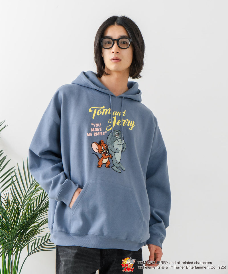 【TOM and JERRY/トムとジェリー】オリジナルデザイン 刺繍 プルオーバーパーカー フーディー ジェリー タフィー サカナ ドロップショルダー ビッグシルエット