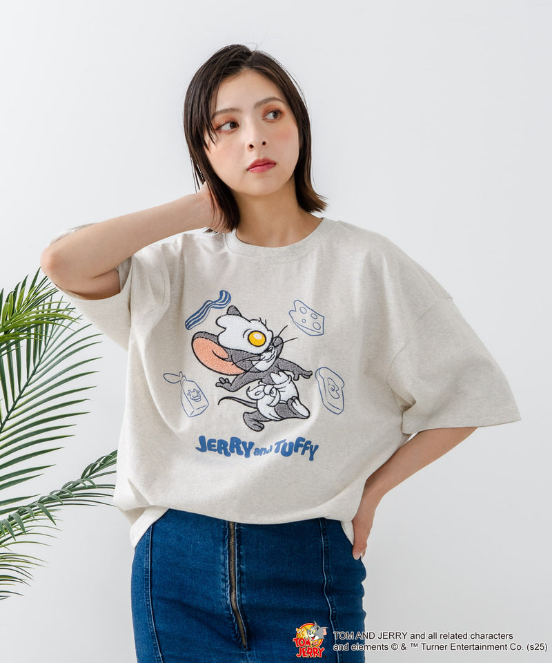 新柄追加！！【TOM AND JERRY/トムとジェリー】オリジナルデザイン 刺繍 Tシャツ ジェリー タフィー ドロップショルダー ビッグシルエット ユニセックス キャラクター