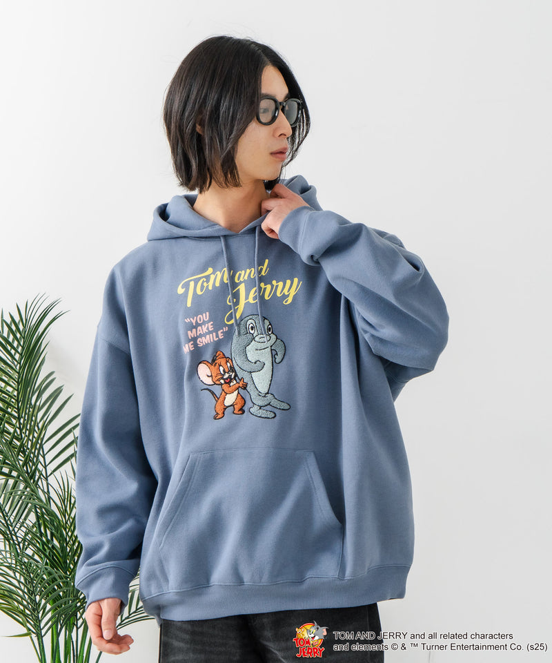 【TOM and JERRY/トムとジェリー】オリジナルデザイン 刺繍 プルオーバーパーカー フーディー ジェリー タフィー サカナ ドロップショルダー ビッグシルエット