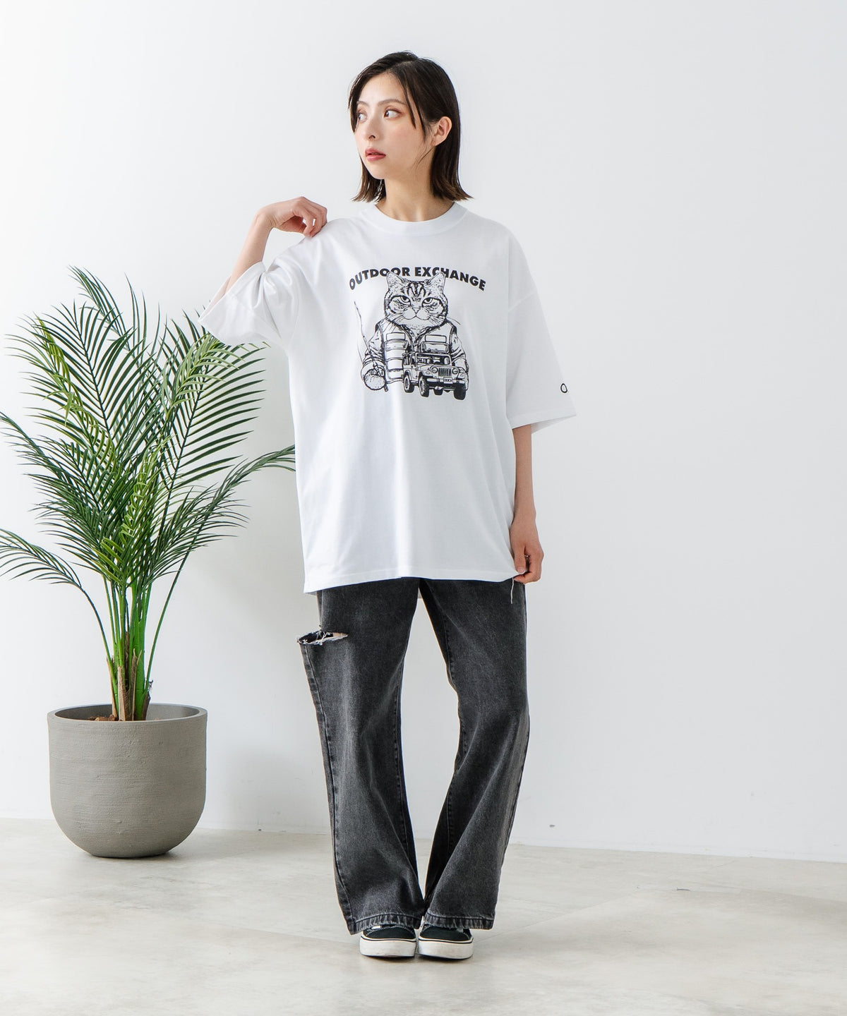 アニマルプリント クルーネックTシャツ（ネコ）オーバーサイズ
