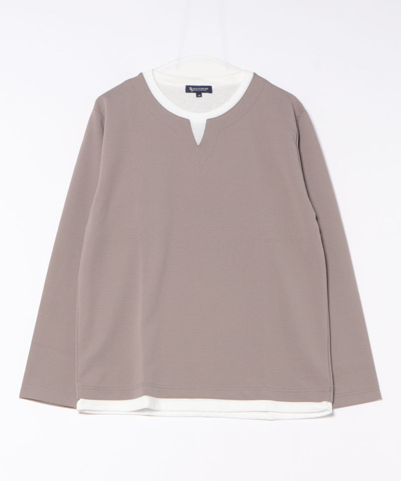【Blue Standard/ブルースタンダード】ドライリップル フェイクレイヤード キーネックロンT カットソー 吸水速乾 ストレッチ イージーケア さらさら快適 晩夏初秋