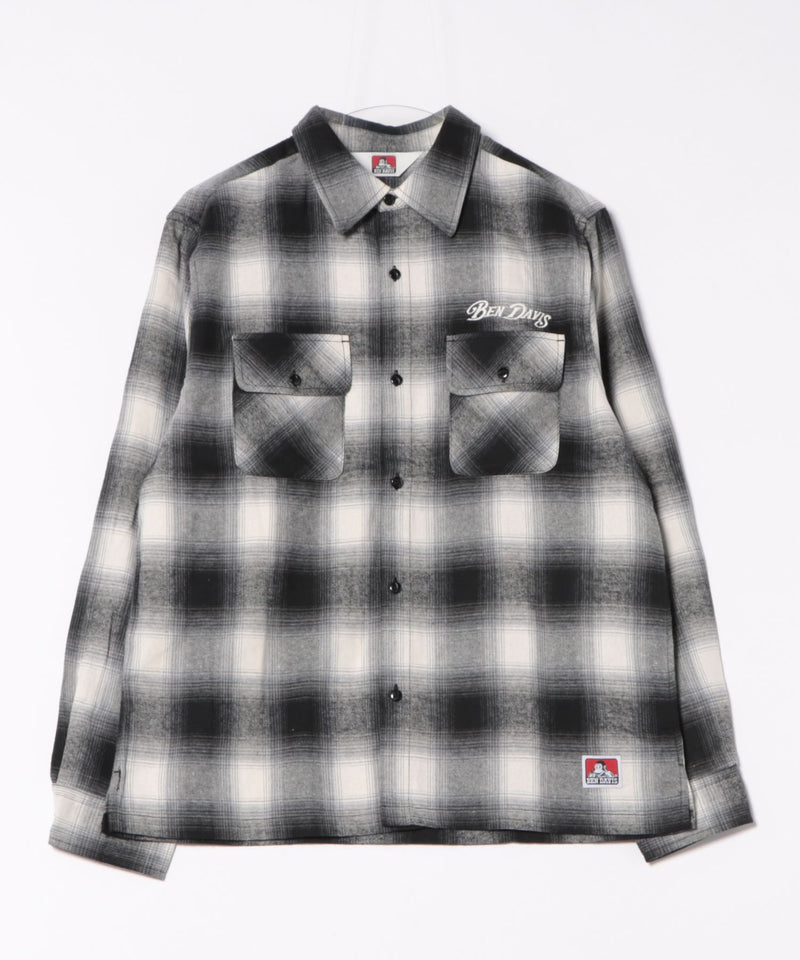 【BEN DAVIS/ベンデイビス】EMBRO OMBRE SHIRT/オーバーサイズ バックプリント刺繍 起毛 ネルチェックシャツ