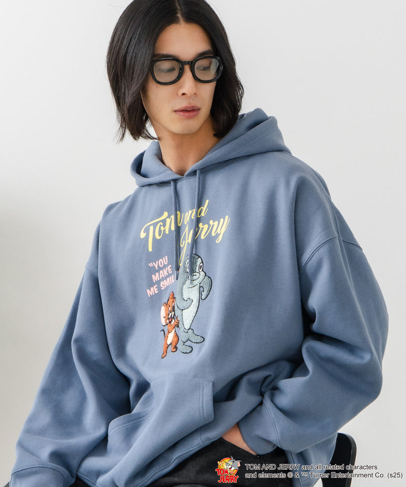【TOM and JERRY/トムとジェリー】オリジナルデザイン 刺繍 プルオーバーパーカー フーディー ジェリー タフィー サカナ ドロップショルダー ビッグシルエット