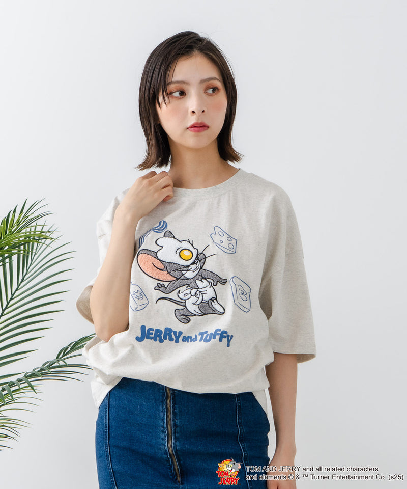 新柄追加！！【TOM AND JERRY/トムとジェリー】オリジナルデザイン 刺繍 Tシャツ ジェリー タフィー ドロップショルダー ビッグシルエット ユニセックス キャラクター