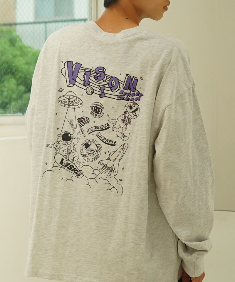 VISION バックプリント ＆ 刺繍 マルチ イラスト ロング Tシャツ ロンT 恐竜 VISION ヴィジョン